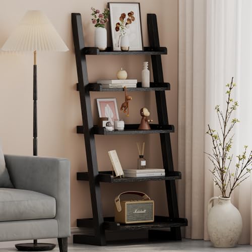 AQIMUELE Black Wooden Ladder Shelf with Edges, 5-Tier Modern Leaning Bookshelf Ladder – Stylish Space-Saving Bookcase for Living Room, Bedroom & Home Office - color: Black