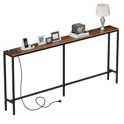 SUPER DEAL 70.8 Inch Narrow Console Table with Power Outlet, Industrial Long Sofa Table with USB Ports Behind Couch Table for Entryway, Hallway, Foyer, Living Room, Rustic Brown