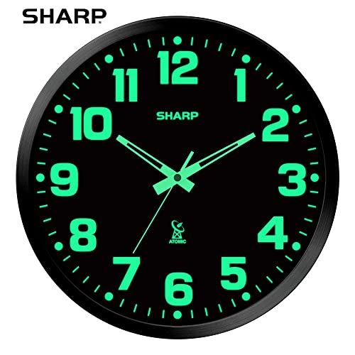 Sharp 12-Inch Atomic Wall Clock, Battery Operated, Glow in Dark | Self-setting atomic time; Easy-read analog face; Automatic time adjustment; Simple setup; Versatile home or office style - color: Black/Glow in Dark, size: Large