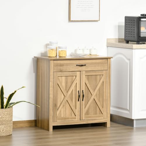 HOMCOM Farmhouse Sideboard Buffet Cabinet Barn Door Natural Wood Effect | Coffee Bar Cabinet, Drawer, Adjustable Shelf, Kitchen, Living Room, Entryway - color: Natural Wood Effect