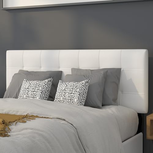EMMA + OLIVER White Full Quilted Tufted Headboard | Adjustable Bed Rail Slots, Fabric Upholstered - color: White, size: Full
