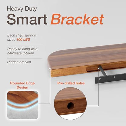 BATODA 36" Acacia Wood Floating Shelves Wall Mounted (Round Edge) – Rustic Farmhouse Wooden Wall Storage Shelf for Bedroom, Kitchen - Brackets and Shelving Hardware Included (Acacia,36 Inch Length) | Acacia Wood, Floating Effect, Hidden Brackets, Easy Ass