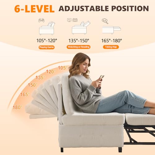 VINGLI Convertible Sofa Bed Tufted Teddy Fleece Sleeper Chair Bed Couch Armless Living Room Chairs with Adjustable Backrest Pull Out Couch Bed for Small Spaces - color: White