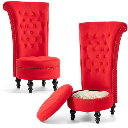 AVAWING High Back Velvet Tufted Throne Chairs with Storage Set of 2, Red | Tufted Nailhead Design; Hidden Storage; Soft Velvet; Sturdy Wood Legs 330Lbs; High Density Foam; Ergonomic Back - color: Red