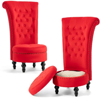AVAWING High Back Velvet Tufted Throne Chairs with Storage Set of 2, Red | Tufted Nailhead Design; Hidden Storage; Soft Velvet; Sturdy Wood Legs 330Lbs; High Density Foam; Ergonomic Back - color: Red