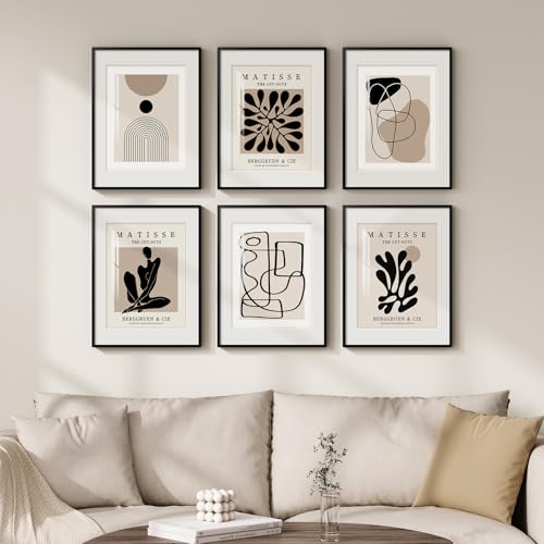 Framed Neutral Abstract Wall Art for Living Room, Set of 6 Minimalist Black Beige Prints Artwork for Walls, Modern Matisse and Geometric Pictures for Bedroom Dining Room Bathroom Wall Decor 11x14 In - color: Matisse and Geometry