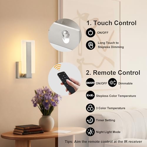 KARTOOSH Battery Operated Modern Wall Sconce Set of Two, Nickel | Rechargeable Wireless Wall Light with Remote Control, Dimmable 3 CCT, Timer, Night Mode, for Hallway, Bedroom, Living Room - color: Nickel