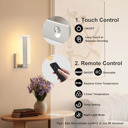 KARTOOSH Battery Operated Modern Wall Sconce Set of Two, Nickel | Rechargeable Wireless Wall Light with Remote Control, Dimmable 3 CCT, Timer, Night Mode, for Hallway, Bedroom, Living Room - color: Nickel