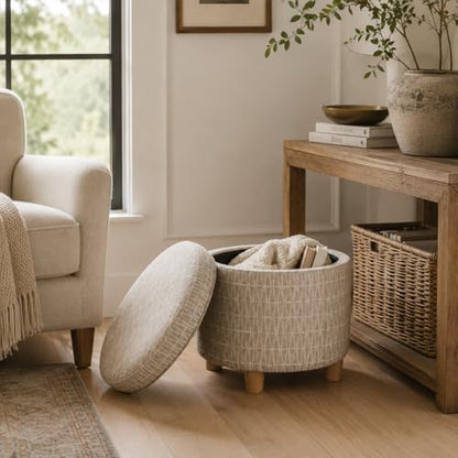 HomePop 19" Round Storage Ottoman - Tan Geometric Pattern - color: Tan Geometric Pattern