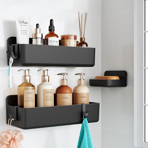 Orimade Shower Caddy 3-Pack, No-Drill Adhesive Shelves with 4 Hooks for Bathroom, Rustproof ABS Plastic Storage Organizer Set, Black - color: Black, size: 3 Tier