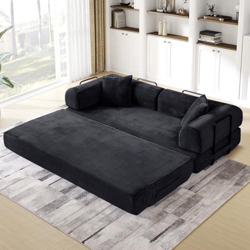 Convertible Folding Sofa Bed, Corduroy Sleeper Mattress Couch with Fixed-Shape Frame, Free Combination Loveseat Lounge Floor Sofa, Queen Size Memory Foam Couch for Living Room, Bedroom, Black - color: Black
