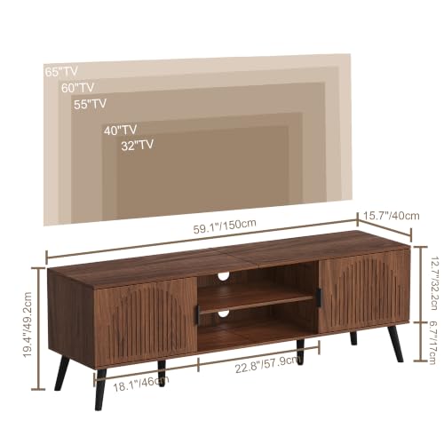 ChooChoo TV Stand with Open Shelves for 65 Inch TVs, Mid Century | 15.7"D x 59.1"W x 19.4"H, Entertainment Center with Storage Cabinet, 2 Cable Holes, for Living Room, Bedroom, Walnut - color: Walnut, size: 15.7"D x 59.1"W x 19.4"H