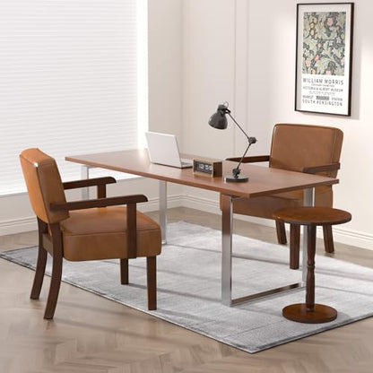 Accent Chairs Set of 2, 2 Solid Wood Armchairs with Side Table | Faux Leather Chair with Soft Thicken Cushion, Comfy Reading Chair for Bedroom, Waiting Room, Home Office, Easy Assembly - color: Faux Leather Brown, size: Set of 2 with table