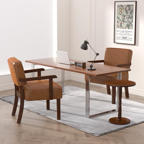 Accent Chairs Set of 2, 2 Solid Wood Armchairs with Side Table | Faux Leather Chair with Soft Thicken Cushion, Comfy Reading Chair for Bedroom, Waiting Room, Home Office, Easy Assembly - color: Faux Leather Brown, size: Set of 2 with table