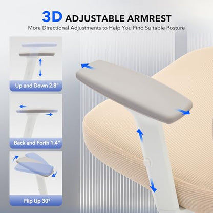 Ergonomic Office Chair Mesh – Adjustable Lumbar 3D Armrests High-Back Desk | Breathable Mesh Backrest; Seat Height & Tilt-Angle Adjustment; Smooth-Rolling Casters; Easy To Assembly, For Home, Office - color: Beige-p1