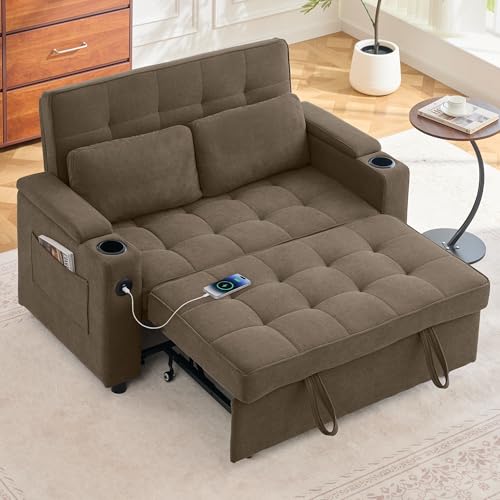 Korser 55.5'' 3-in-1 Convertible Sofa Bed, Pull Out Couch with 5-Position Adjustable Backrest, Loveseat Sleeper Sofa for Small Spaces, Sofa Couch with Cup Holders for Living Room, Office, Chenille - color: Brown