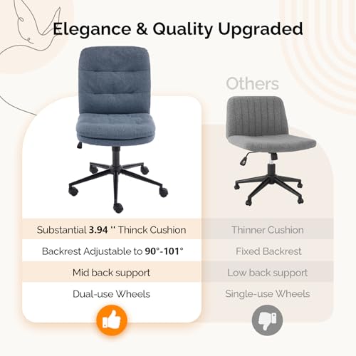 VINGLI Mid Back Armless Office Desk Chair with Wheels/no Wheels,360°Rocking Swivel Vanity Chair with Thickened Cushion,Adjustable Height Rolling for Reading Room, Make up, Linen Navy Blue - color: Navy Blue