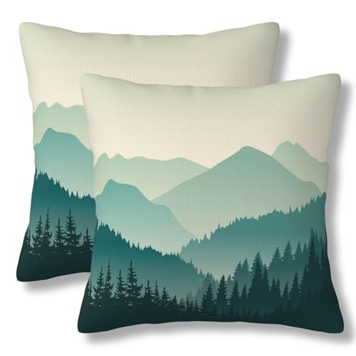 Beautiful Green Mountain Landscape Throw Pillow Covers Misty Pine Tree Mountains Pillow Cover 18x18 Inch Set of 2 Foggy Forest Pillowcase Square Cushion Cases for Couch Bed Sofa - color: Cyan, size: 18" x 18" (Pack of 2)