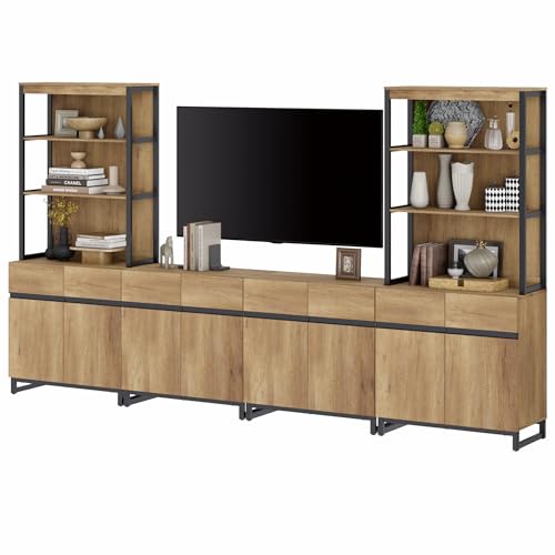 WAMPAT Modern TV Stand with 3 Tiers Bookshelf, Farmhouse Entertainment Center with 4 Large Storage Cabinets and Adjustable Shelf, Wooden Media TV Console with Black Metal Leg for Living Room, Oak - color: Oak-a