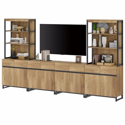 WAMPAT Modern TV Stand with 3 Tiers Bookshelf, Farmhouse Entertainment Center with 4 Large Storage Cabinets and Adjustable Shelf, Wooden Media TV Console with Black Metal Leg for Living Room, Oak - color: Oak-a