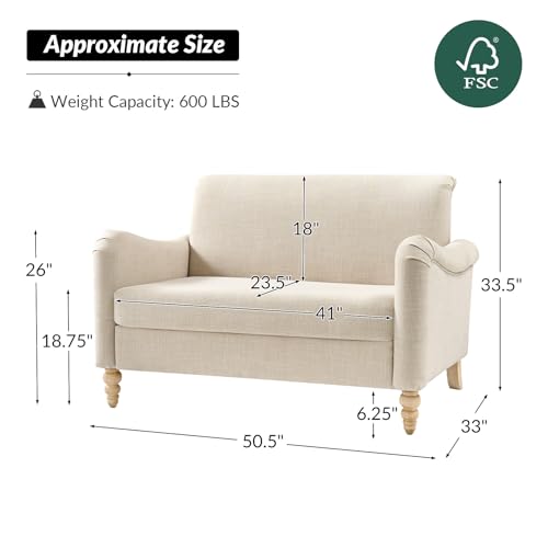 HULALA HOME 50.5" Small Loveseat Sofa, 2 Seater Farmhouse Sofa, Linen | Comfy Upholstered Couch, with Solid Wood Spindle Legs and Rolled Wide Armrests, Loveseat Couch for Living Room Bedroom - color: Linen, size: 2-Seater Loveseat