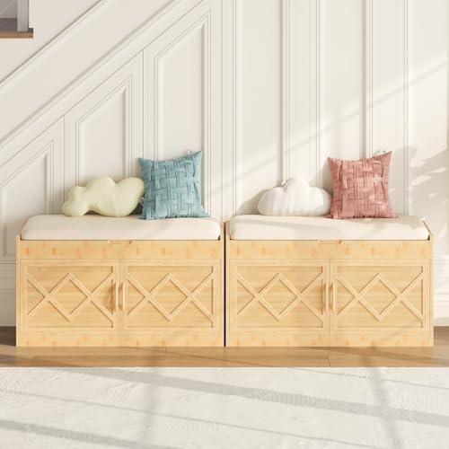 HOOBRO Shoe Bench, Shoe Storage Bench with Cushion, Bamboo Entryway Bench with Hidden Compartment, Storage Bench with Lift Top and 2 Door, for Living Room, Bedroom, Hallway, Beige and Natural YE60HX01