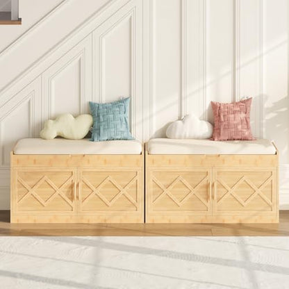 HOOBRO Shoe Bench, Shoe Storage Bench with Cushion, Bamboo Entryway Bench with Hidden Compartment, Storage Bench with Lift Top and 2 Door, for Living Room, Bedroom, Hallway, Beige and Natural YE60HX01