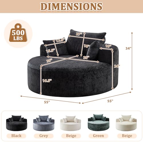 55" Oversized Round Chaise Longue Chair Indoor, Upholstered Chenille Circle Single Cloud Reading Sofa Chair Deep Seat Modern Boneless Sleeper Couch No Assembly Required, Black - color: Black, style: 55"Chenille