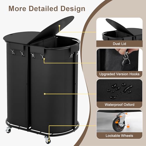 200L Double Laundry Hamper with Lid & Wheels, Oval Rolling Laundry Basket | Gasvadivum Sturdy Metal Large Laundry Cart with 2 Removable Bags, Dirty Clothes Hamper 2 section for Bathroom, Bedroom, Black - color: Black, size: 200L(24.8"L x 16.9"W x 31.5"H)