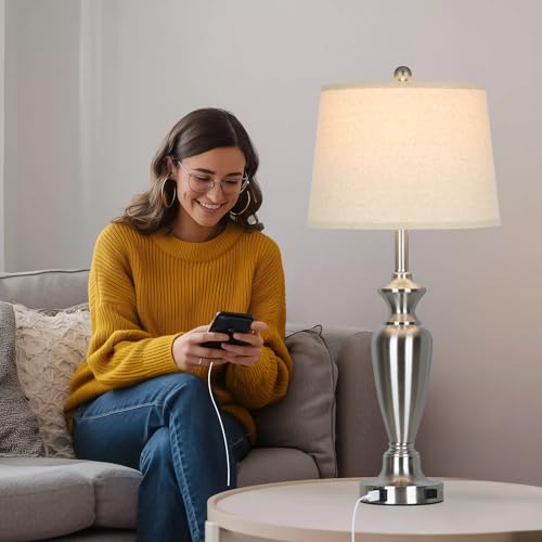 Cinyirong 30" Tall Silver Table Lamps Set of 2 for Living Room, 3-Way Dimmable Touch Control Bedside Lamps for Bedroom Nightstand with USB A+C Ports & AC Outlet (2 LED Bulbs Included) - color: Silver (2 Pack)