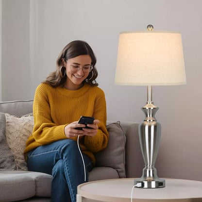 Cinyirong 30" Tall Silver Table Lamps Set of 2 for Living Room, 3-Way Dimmable Touch Control Bedside Lamps for Bedroom Nightstand with USB A+C Ports & AC Outlet (2 LED Bulbs Included) - color: Silver (2 Pack)