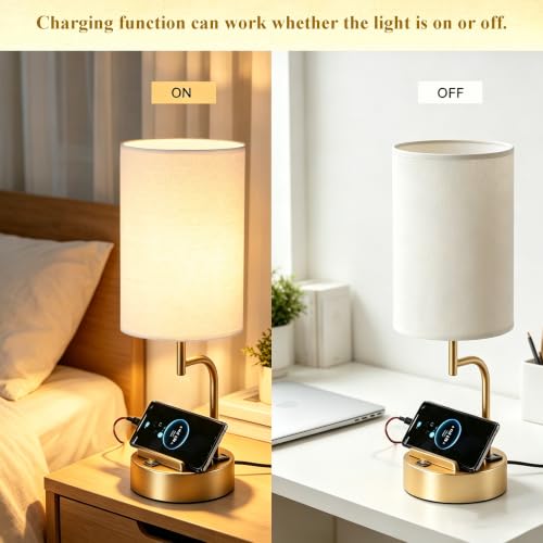 Dreamholder 2 Pack Table Lamp, Bedside Lamp with 3 USB Charging Ports & AC Outlet, USB Desk Lamp with 2 Phone Holders, Linen Fabric Shade Nightstand Lamps for Bedroom Living Room Office, Gold - color: Gold