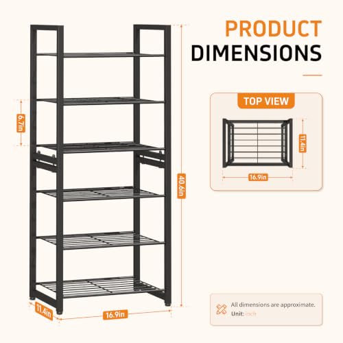 6 Tier Shoe Rack, Stackable Metal Organizer with Adjustable Feet, 2-in-1 Shoe Shelf Holds 12 Pairs, Perfect for Entryway Garage Closet, Black - size: 6 Tier