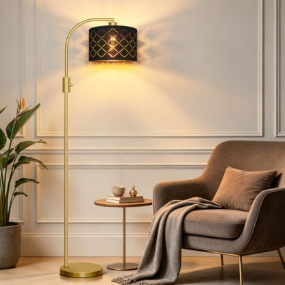 Nintiue Dimmable Floor Lamp, 1200 Lumens LED Edison Bulb Included, Arc Gold Floor Lamps for Living Room Modern Standing Lamp with Black Grid Shade - color: Gold - Black & Gold Shade