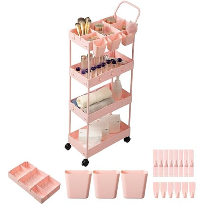 4-Tier Pink Slim Storage Cart, Narrow Laundry Cart with Wheels, Dividers, Hanging Cups, Hooks, Easy Assembly - style: 4 Tier Pink