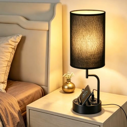 Dreamholder 2 Pack Table Lamp, Bedside Lamp with 3 USB Charging Ports & AC Outlet, USB Desk Lamp with 2 Phone Holders, Linen Fabric Shade Nightstand Lamps for Bedroom Living Room Office, Black Shade - color: Black Shade