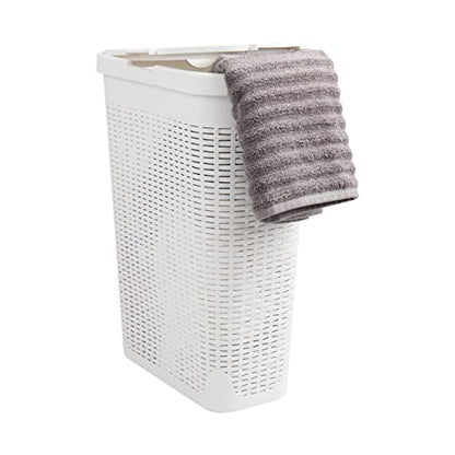 Mind Reader Slim Laundry Hamper with Lid, 40L Clothes Basket, Narrow Tapered Design with Ventilated Cutout Pattern, Plastic, White - color: White, size: Single