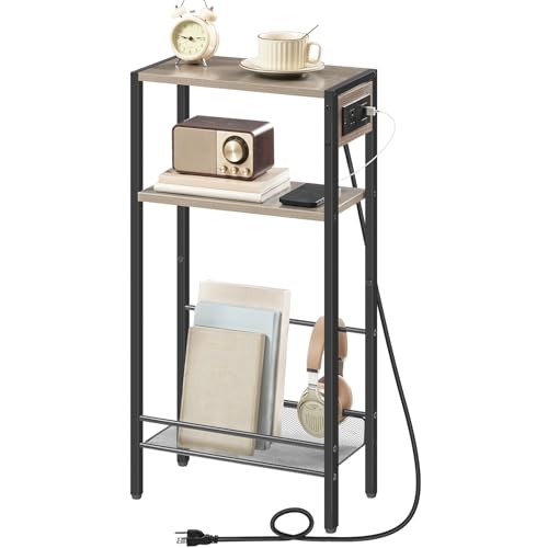 HOOBRO 15.7" Narrow Console Table with Charging Station, 3 Tier Entryway Table for Small Space, Behind Couch Table, Sofa Table, for Entryway, Hallway, Living Room, Greige and Black BG42UXG01 - color: Greige + Black