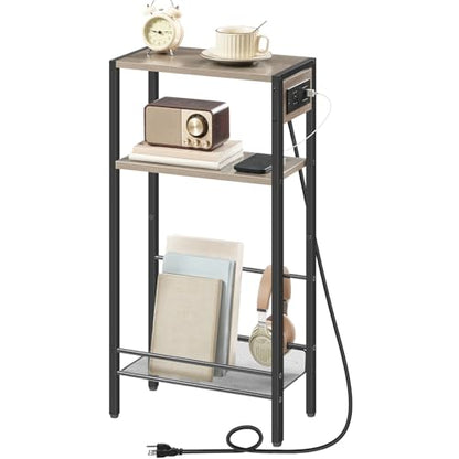 HOOBRO 15.7" Narrow Console Table with Charging Station, 3 Tier Entryway Table for Small Space, Behind Couch Table, Sofa Table, for Entryway, Hallway, Living Room, Greige and Black BG42UXG01 - color: Greige + Black