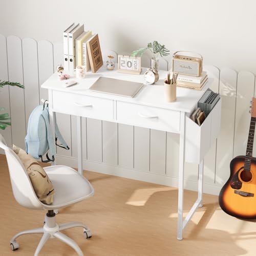 DUMOS 32" Home Office Computer Desk with Drawers, Small Gaming Writing Study Table with Storage Side Bag, Headphone Hook and Adjustable Feet for Bedroom White | Small Writing Desk for Home Office with Headphone Hook, Compact Study Table for Bedroom - colo