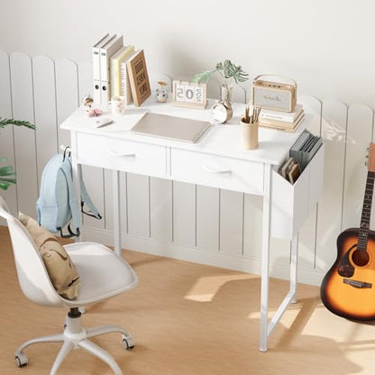 DUMOS 32" Home Office Computer Desk with Drawers, Small Gaming Writing Study Table with Storage Side Bag, Headphone Hook and Adjustable Feet for Bedroom White | Small Writing Desk for Home Office with Headphone Hook, Compact Study Table for Bedroom - colo