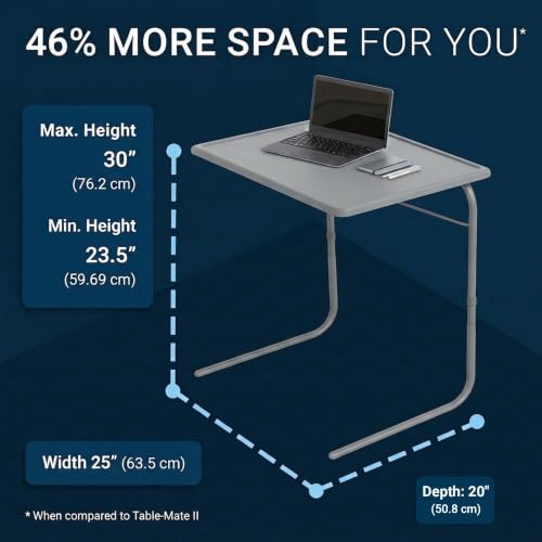 Table-Mate TV Tray Table | Portable Desk Folding Dinner Tray, Couch Table Trays for Eating Snack Food, Portable Laptop Desk, Bed Trays for Eating | Adjustable TV Trays with 3 Angles and Cup Holder - color: Silver, size: 20"D x 25"W x 30"H