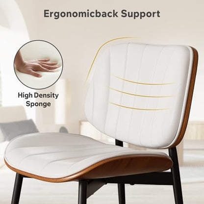 Dining Chair, Mid Century Modern Dining Room Chairs, Upholstered Faux Leather Kitchen Chairs with Walnut Bentwood Back and Metal Legs for Kitchen Dining Room Living Room, White - color: White, size: Set of 1