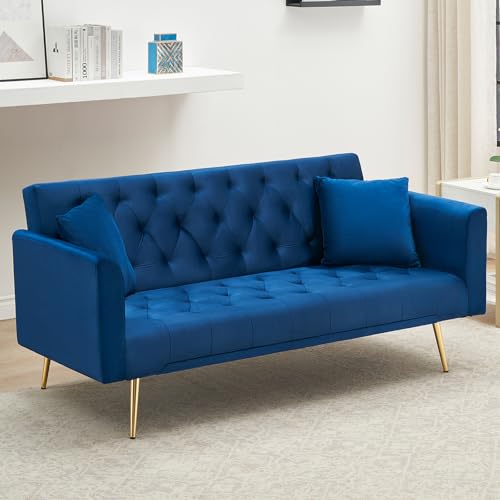 71" Modern Velvet Sofa Bed Futon, Convertible Sleeper Couch, Adj. Backrest | Tufted Recliner Loveseat Design with Golden Chrome Legs & 2 Pillows, Perfect for Small Spaces, Living Room, Apartment - color: Blue