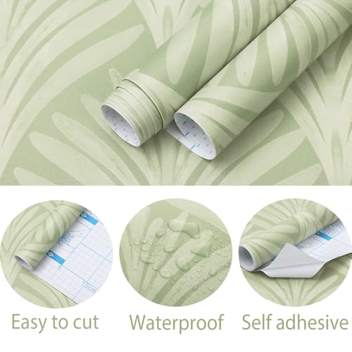 Hopepak Peel and Stick Wallpaper Sage Green Leaf Contact Paper Boho Self Adhesive Wall Paper Removable Renter Friendly Wallpaper for Bedroom Bathroom Cabinet Vinyl Rolls 16.1''x78.7'' - color: Sage Green, size: 16.1" x 78.7"