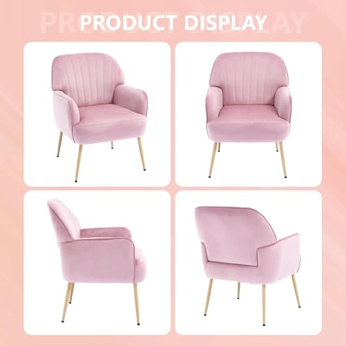 GDFStudio 25" Velvet Accent Chair with Arms and Back, Modern Shell-Shaped Upholstered Barrel Chairs, Small Comfy Reading Chair Lounge Chairs with Solid Legs for Living Room Bedroom Office Cafe, Pink - color: Pink