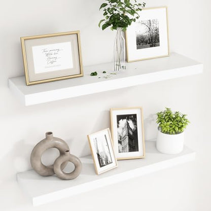 fuqing 30 Inch Floating Shelves, 6.7 Inch Deep White Wall Shelves Set of 2 | 30'' x 6.7'' x 1.4'' White Wood Shelves for Bathroom, Living Room, 40LBS, Lightweight, Hardware Included, Waterproof Finish - color: White, size: 30 Inch
