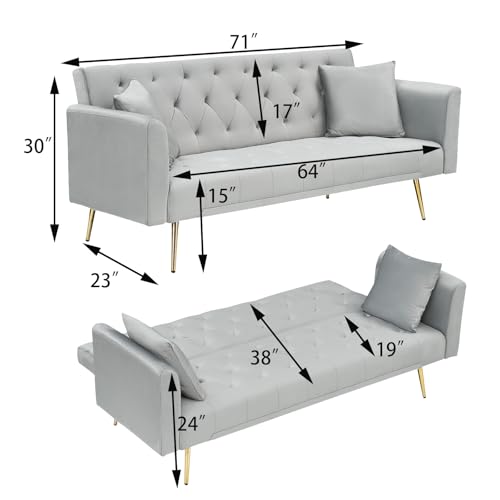 71" Modern Velvet Sofa Bed Futon, Convertible Sleeper Couch, Adj. Backrest | Tufted Recliner Loveseat Design with Golden Chrome Legs & 2 Pillows, Perfect for Small Spaces, Living Room, Apartment - color: Grey