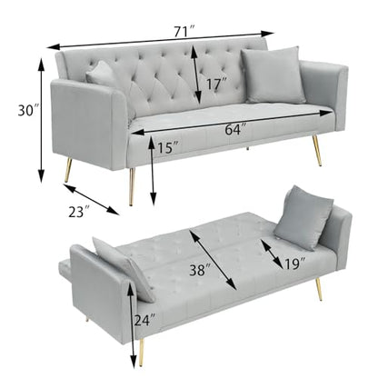 71" Modern Velvet Sofa Bed Futon, Convertible Sleeper Couch, Adj. Backrest | Tufted Recliner Loveseat Design with Golden Chrome Legs & 2 Pillows, Perfect for Small Spaces, Living Room, Apartment - color: Grey