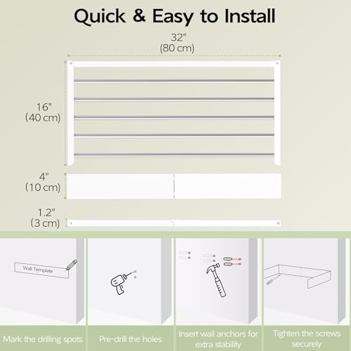Vikaqi Wall Mounted Clothes Drying Rack 32", Foldable Wall Laundry Rack | Collapsible Drying Rack Clothing Folding Indoor, Hidden Space Saver with Wall Template, 5 Rods, White - color: White, size: 32" Wide